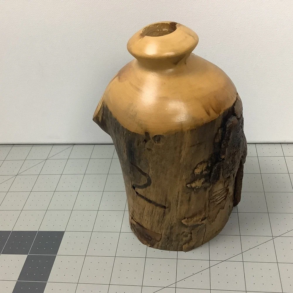 Vintage Live Edge Wood Vase Rustic Studio Art Burl Log Bud Vase w Glass Insert